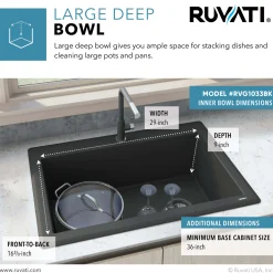 Ruvati epiGranite 33" Drop-in Topmount Granite Composite Kitchen Sink, Midnight Black, RVG1033BK