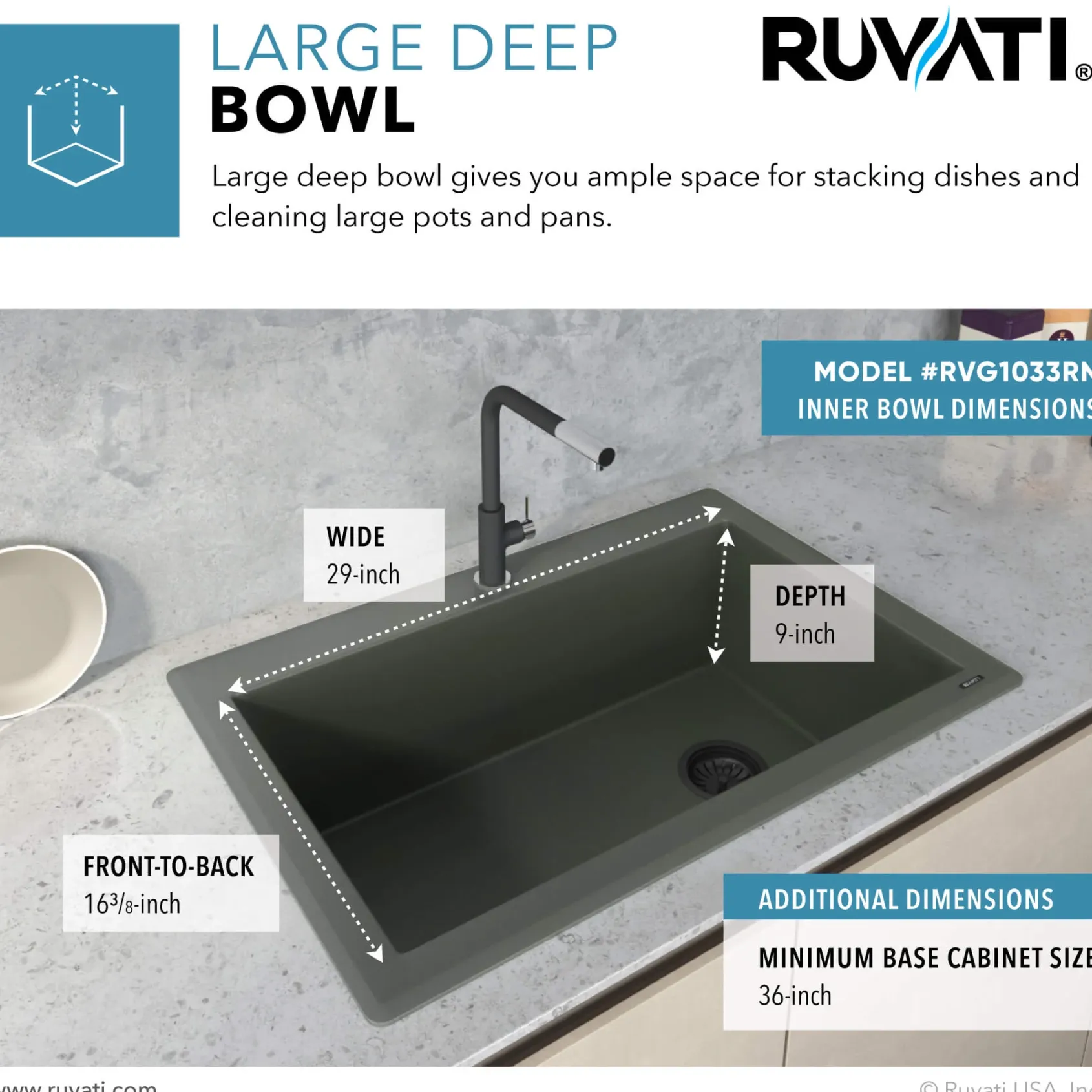 Ruvati epiGranite 33" Drop-in Topmount Granite Composite Kitchen Sink, Juniper Green, RVG1033RN