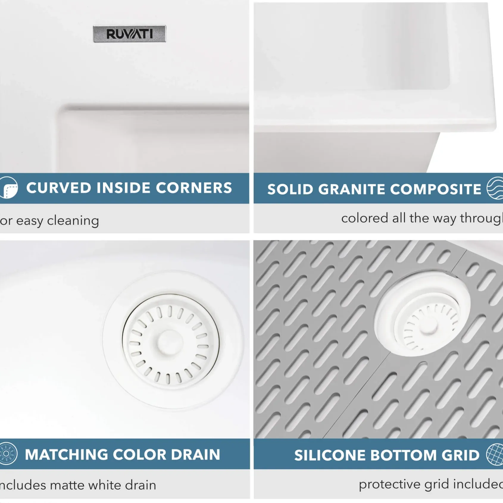 Ruvati epiGranite 33" Drop-in Topmount Granite Composite Kitchen Sink, Arctic White, RVG1080WH