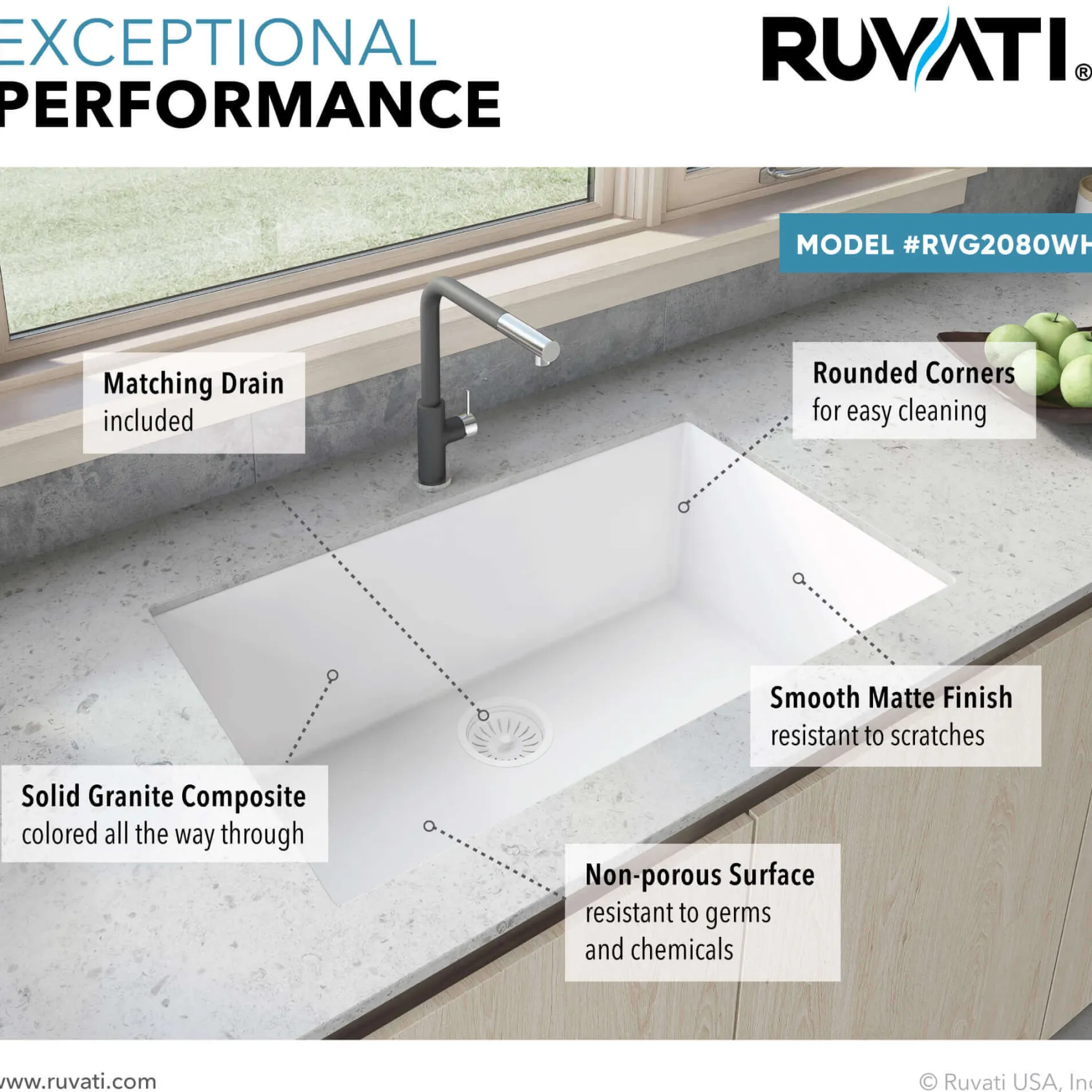Ruvati epiGranite 33" Undermount Granite Composite Kitchen Sink, Arctic White, RVG2080WH