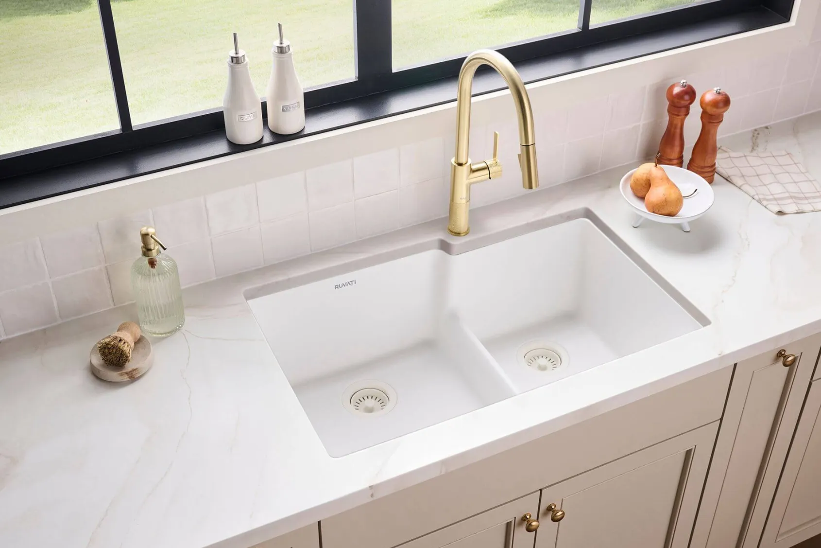 Ruvati epiGranite 33" Undermount Granite Composite Workstation Kitchen Sink, 60/40 Double Bowl, Arctic White Matte, RVG2347WH