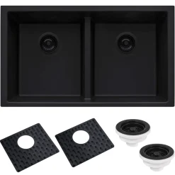 Ruvati epiGranite 33" Undermount Granite Composite Kitchen Sink, 50/50 Low Divide Double Bowl, Midnight Black, RVG2385BK