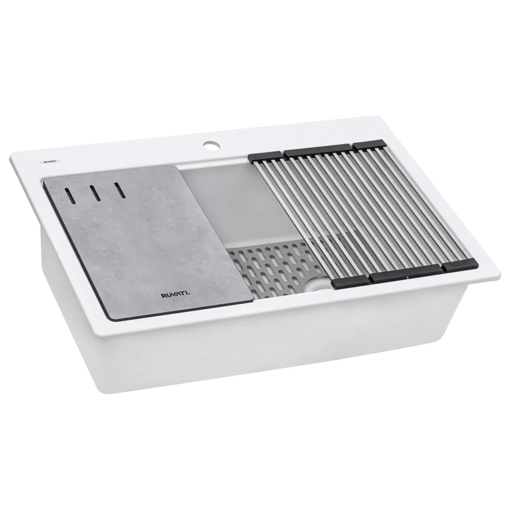 Ruvati epiStage 33" Drop-in Topmount Granite Composite Workstation Kitchen Sink, Arctic White, RVG1302WH