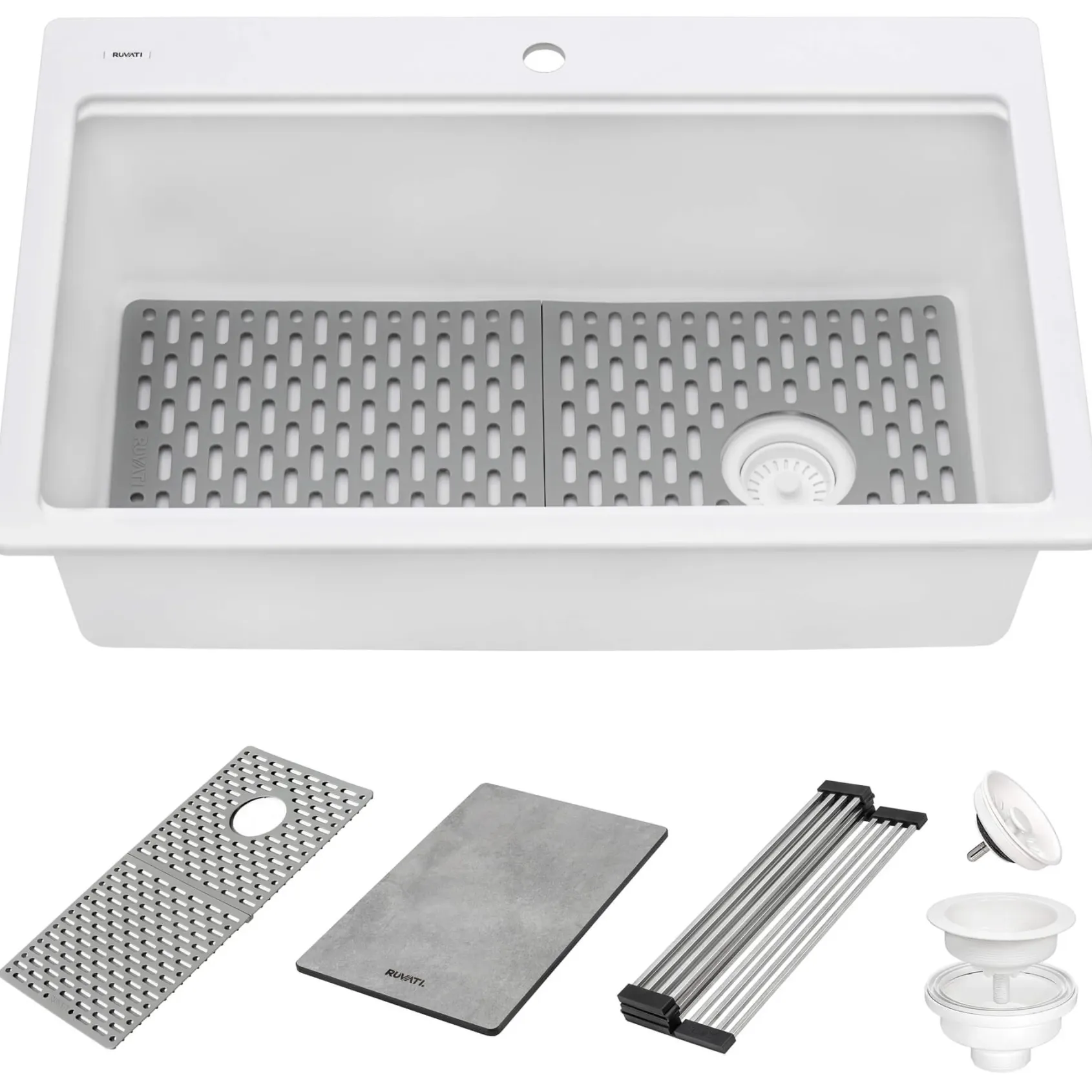 Ruvati epiStage 33" Drop-in Topmount Granite Composite Workstation Kitchen Sink, Arctic White, RVG1302WH