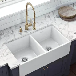 Ruvati Fiamma 33" Fireclay Apron-front Farmhouse Sink, 50/50 Double Bowl, White, RVL2311WH