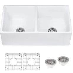 Ruvati Fiamma 33" Fireclay Apron-front Farmhouse Sink, 50/50 Double Bowl, White, RVL2311WH