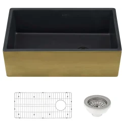 Ruvati Fiamma 30" Fireclay Farmhouse Sink, Matte Black and Brushed Gold, RVL4018GRG