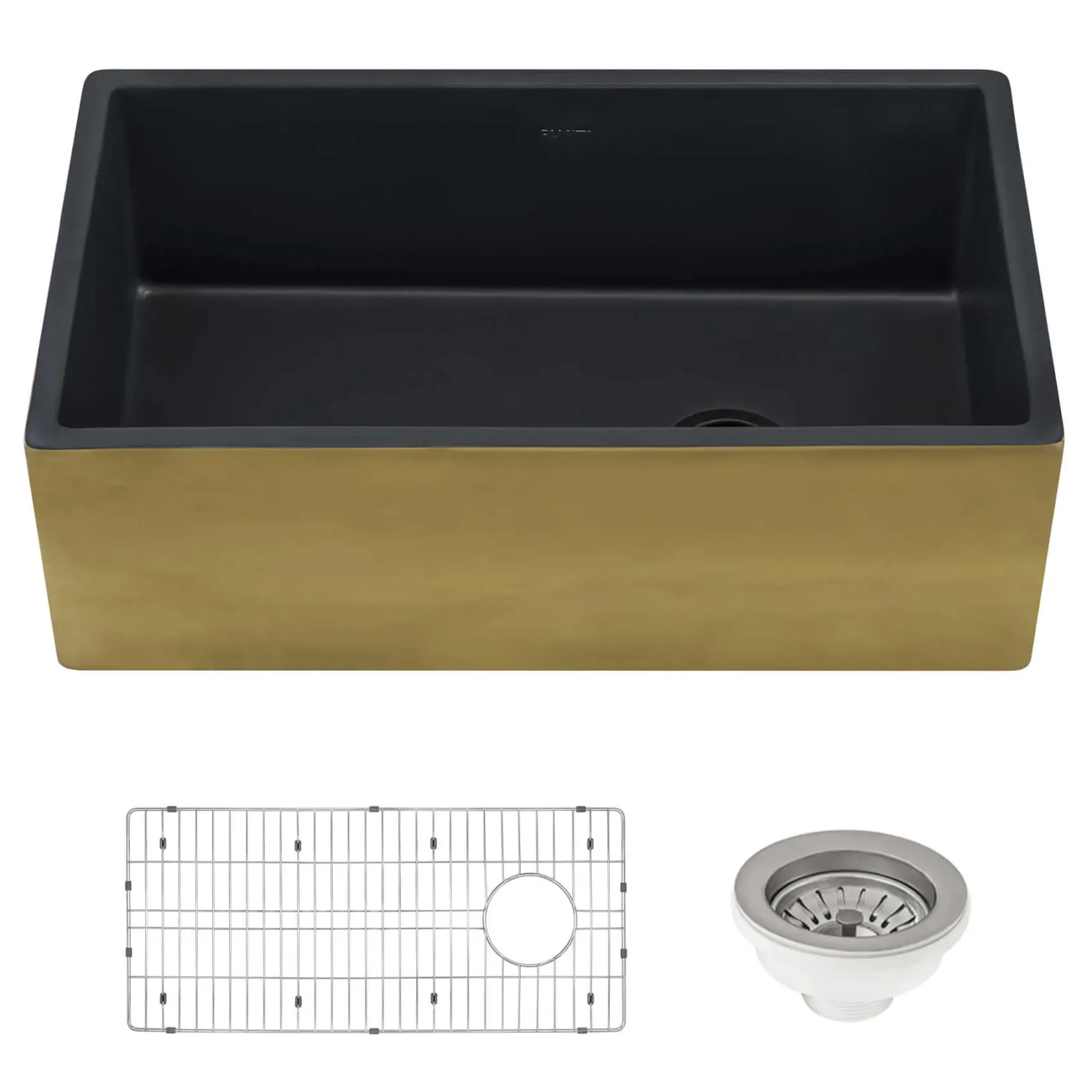 Ruvati Fiamma 30" Fireclay Farmhouse Sink, Matte Black and Brushed Gold, RVL4018GRG