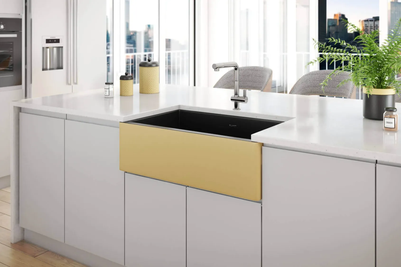 Ruvati Fiamma 30" Fireclay Farmhouse Sink, Matte Black and Brushed Gold, RVL4018GRG