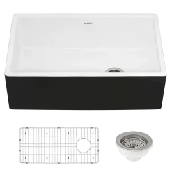Ruvati Fiamma 30" Fireclay Offset Drain Farmhouse Sink, Black and White, RVL4018RBW