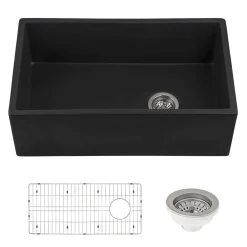 Ruvati Fiamma 30" Fireclay Offset Drain Farmhouse Sink, Matte Black, RVL4018MBK