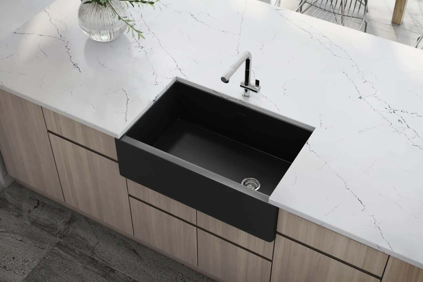 Ruvati Fiamma 30" Fireclay Offset Drain Farmhouse Sink, Matte Black, RVL4018MBK