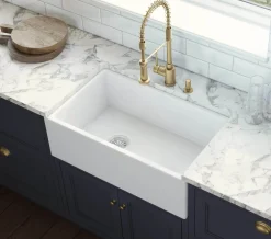 Ruvati Fiamma 30" Fireclay Offset Drain Farmhouse Sink, White, Left Drain, RVL2018WL