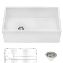 Ruvati Fiamma 30" Fireclay Offset Drain Farmhouse Sink, White, Left Drain, RVL2018WL