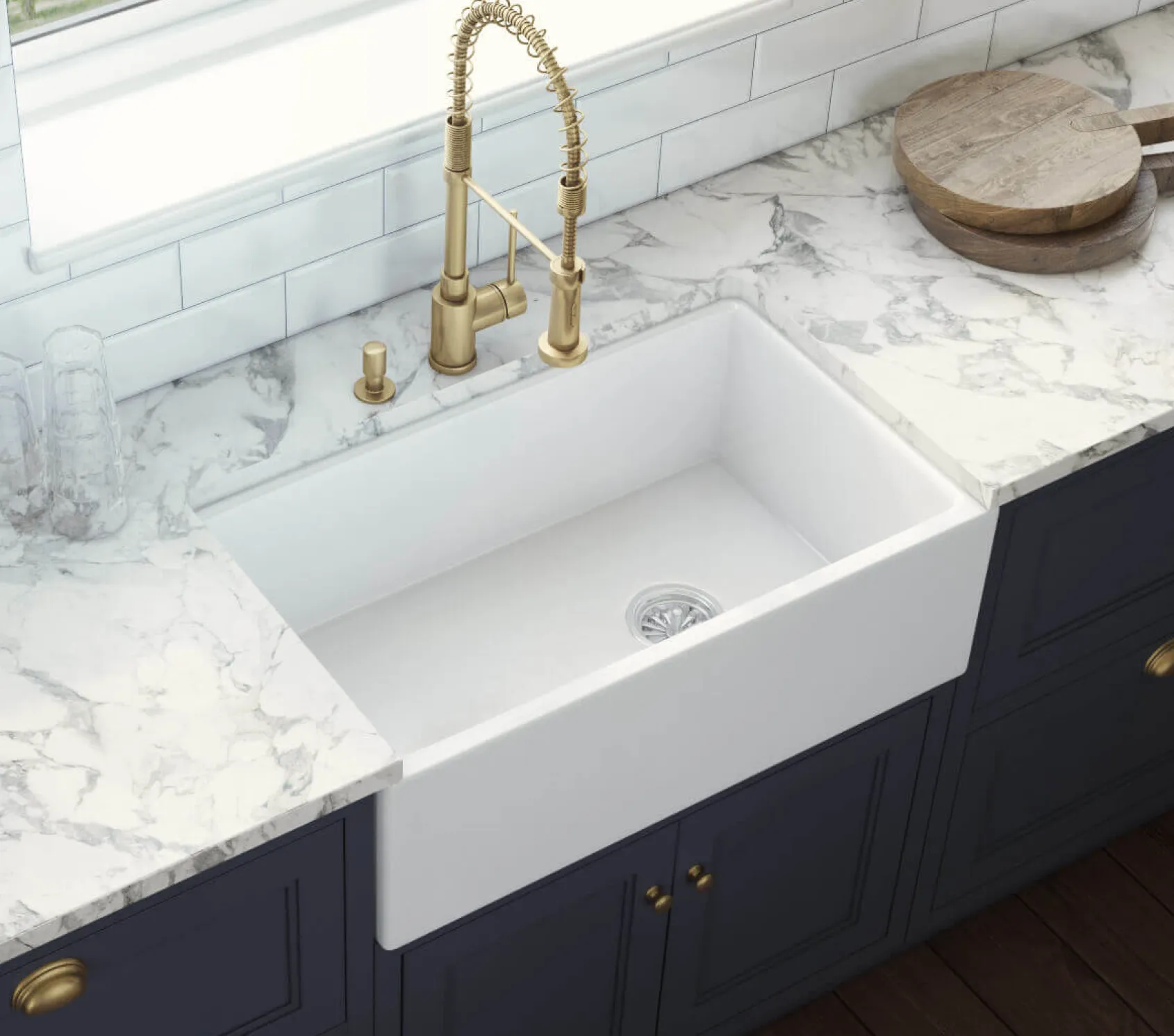Ruvati Fiamma 30" Fireclay Offset Drain Farmhouse Sink, White, Right Drain, RVL2018WR