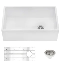 Ruvati Fiamma 30" Fireclay Offset Drain Farmhouse Sink, White, Right Drain, RVL2018WR