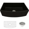 Ruvati Fiamma 33 inch Fireclay Black Farmhouse Kitchen Sink Bow Front Curved Apron Single Bowl, Glossy Black, RVL2398BK