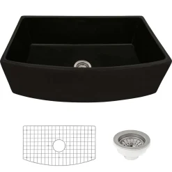 Ruvati Fiamma 33 inch Fireclay Black Farmhouse Kitchen Sink Bow Front Curved Apron Single Bowl, Glossy Black, RVL2398BK