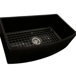 Ruvati Fiamma 33 inch Fireclay Black Farmhouse Kitchen Sink Bow Front Curved Apron Single Bowl, Glossy Black, RVL2398BK