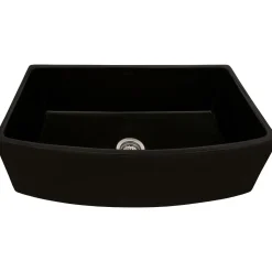 Ruvati Fiamma 33 inch Fireclay Black Farmhouse Kitchen Sink Bow Front Curved Apron Single Bowl, Glossy Black, RVL2398BK