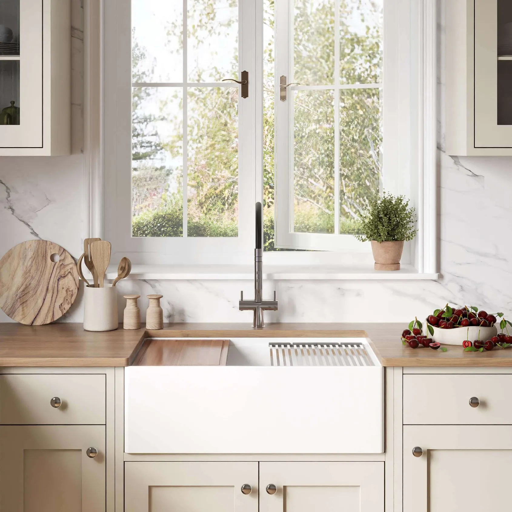 Ruvati Fiore 30" Fireclay Workstation Farmhouse Sink, White, RVL2182WH
