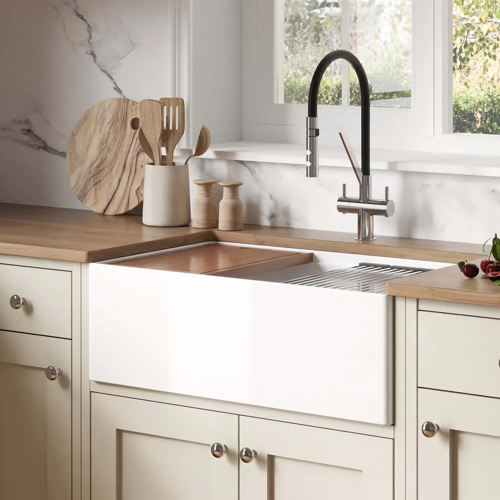 Ruvati Fiore 30" Fireclay Workstation Farmhouse Sink, White, RVL2182WH
