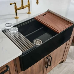 Ruvati Fiore 33 inch Fireclay Workstation Black Farmhouse Kitchen Sink Apron Front Single Bowl, Glossy Black, RVL2387BK