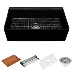 Ruvati Fiore 33 inch Fireclay Workstation Black Farmhouse Kitchen Sink Apron Front Single Bowl, Glossy Black, RVL2387BK