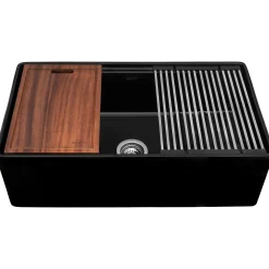 Ruvati Fiore 33 inch Fireclay Workstation Black Farmhouse Kitchen Sink Apron Front Single Bowl, Glossy Black, RVL2387BK