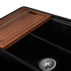 Ruvati Fiore 33 inch Fireclay Workstation Black Farmhouse Kitchen Sink Apron Front Single Bowl, Glossy Black, RVL2387BK