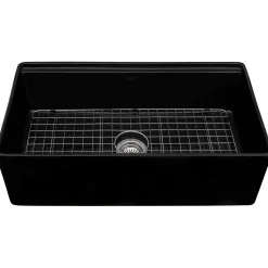 Ruvati Fiore 33 inch Fireclay Workstation Black Farmhouse Kitchen Sink Apron Front Single Bowl, Glossy Black, RVL2387BK