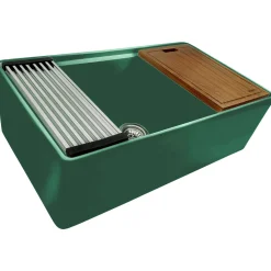 Ruvati Fiore 33 inch Fireclay Workstation Emerald Green Farmhouse Kitchen Sink Apron Front Single Bowl, RVL2387EG