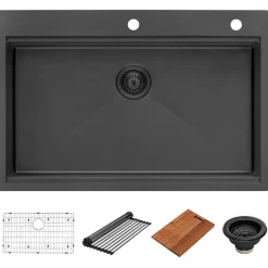 Ruvati Giana 33" Drop-in Topmount Stainless Steel Workstation Kitchen Sink, Gunmetal Matte Black, 16 Gauge, RVH5003BL