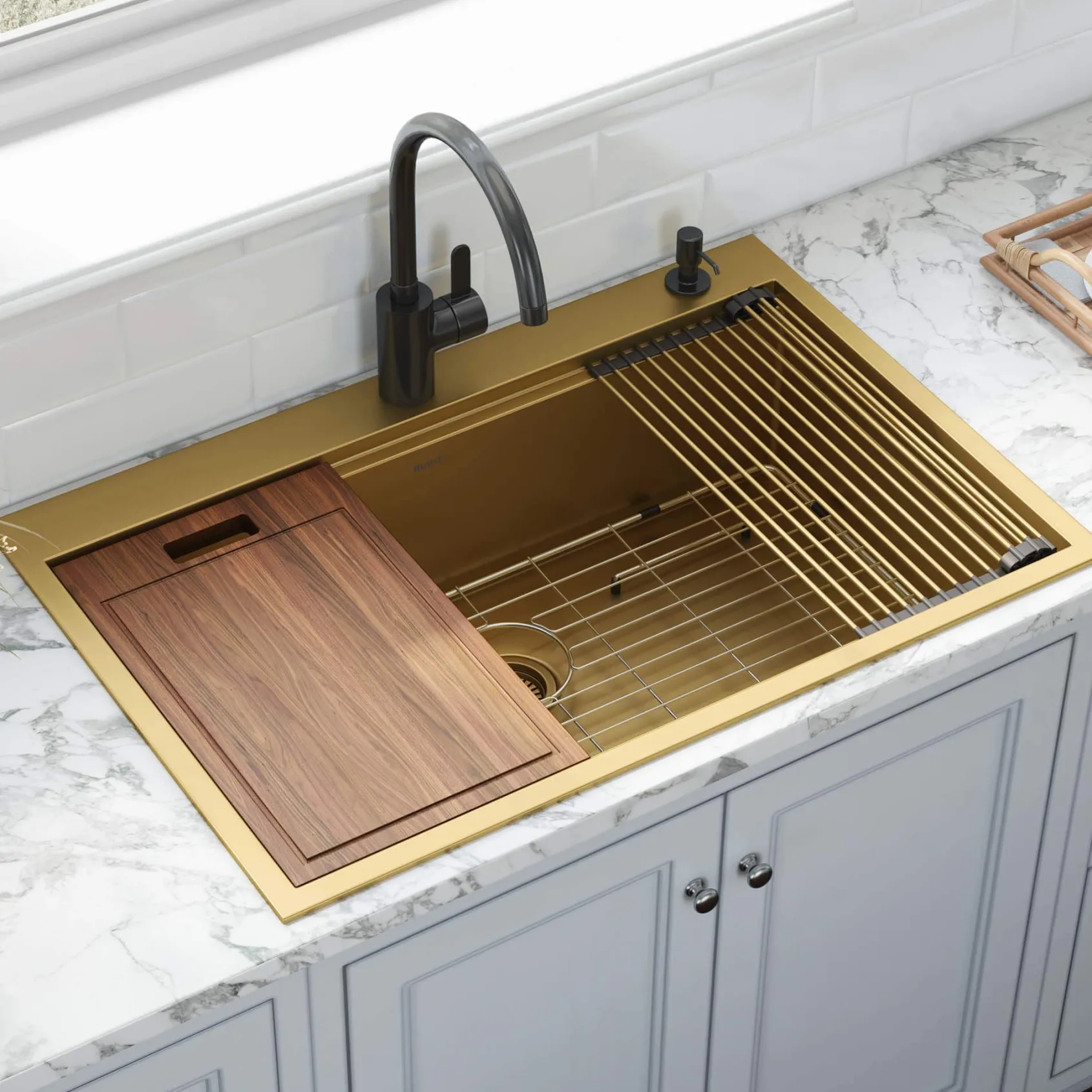 Ruvati Giana 33" Drop-in Topmount Stainless Steel Workstation Kitchen Sink, Matte Gold Brass Tone, 16 Gauge, RVH5003GG