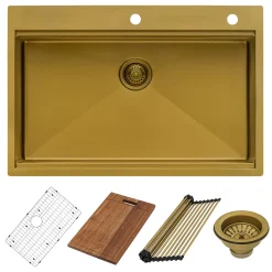 Ruvati Giana 33" Drop-in Topmount Stainless Steel Workstation Kitchen Sink, Matte Gold Brass Tone, 16 Gauge, RVH5003GG