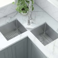Ruvati Gravena 43" Undermount Corner Stainless Steel Kitchen Sink, 50/50 Double Bowl, 16 Gauge, RVH8400