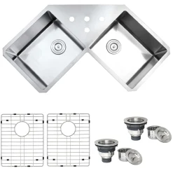 Ruvati Gravena 43" Undermount Corner Stainless Steel Kitchen Sink, 50/50 Double Bowl, 16 Gauge, RVH8400