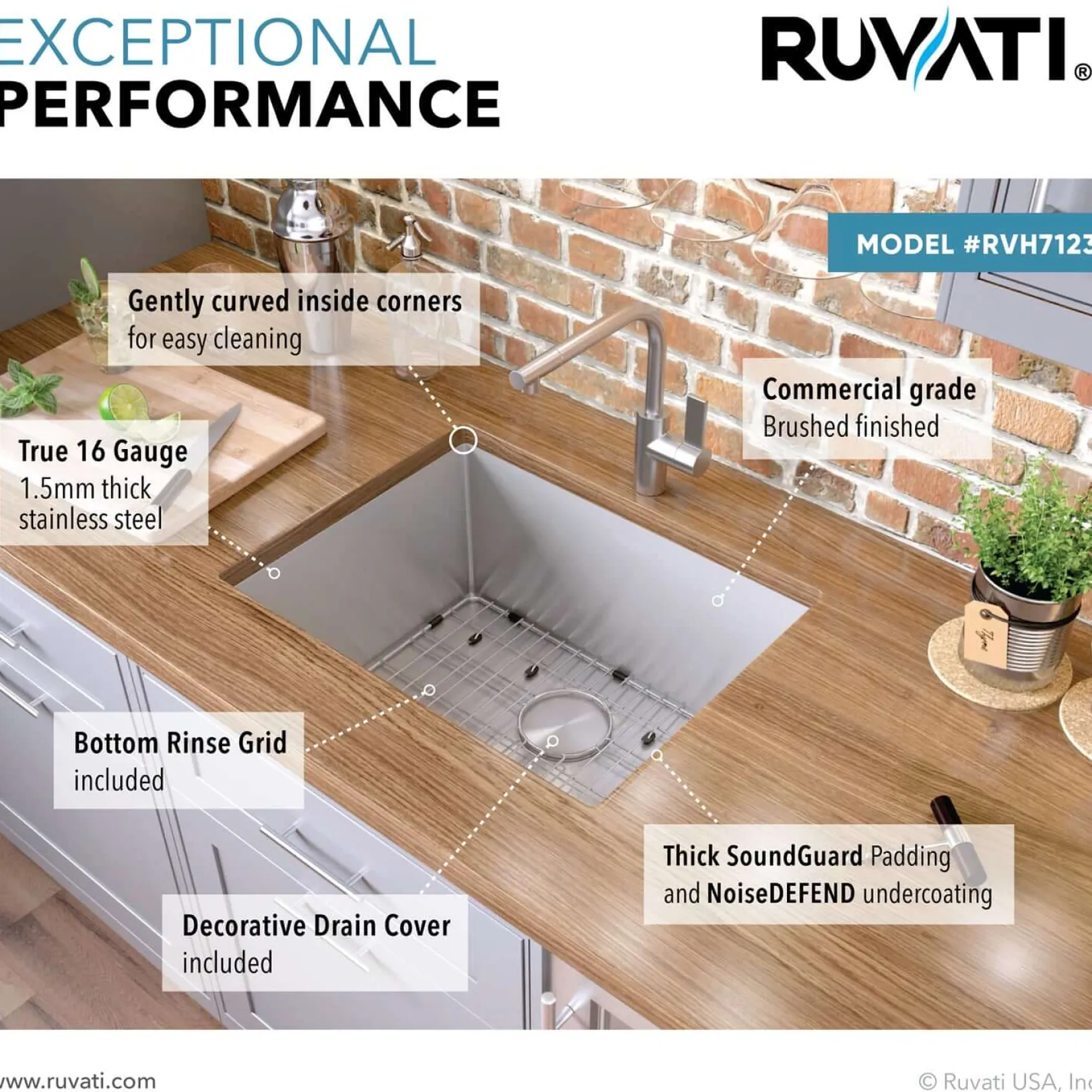 Ruvati Gravena 23" Undermount Stainless Steel Kitchen Sink, 16 Gauge, Rounded Corners, RVH7123