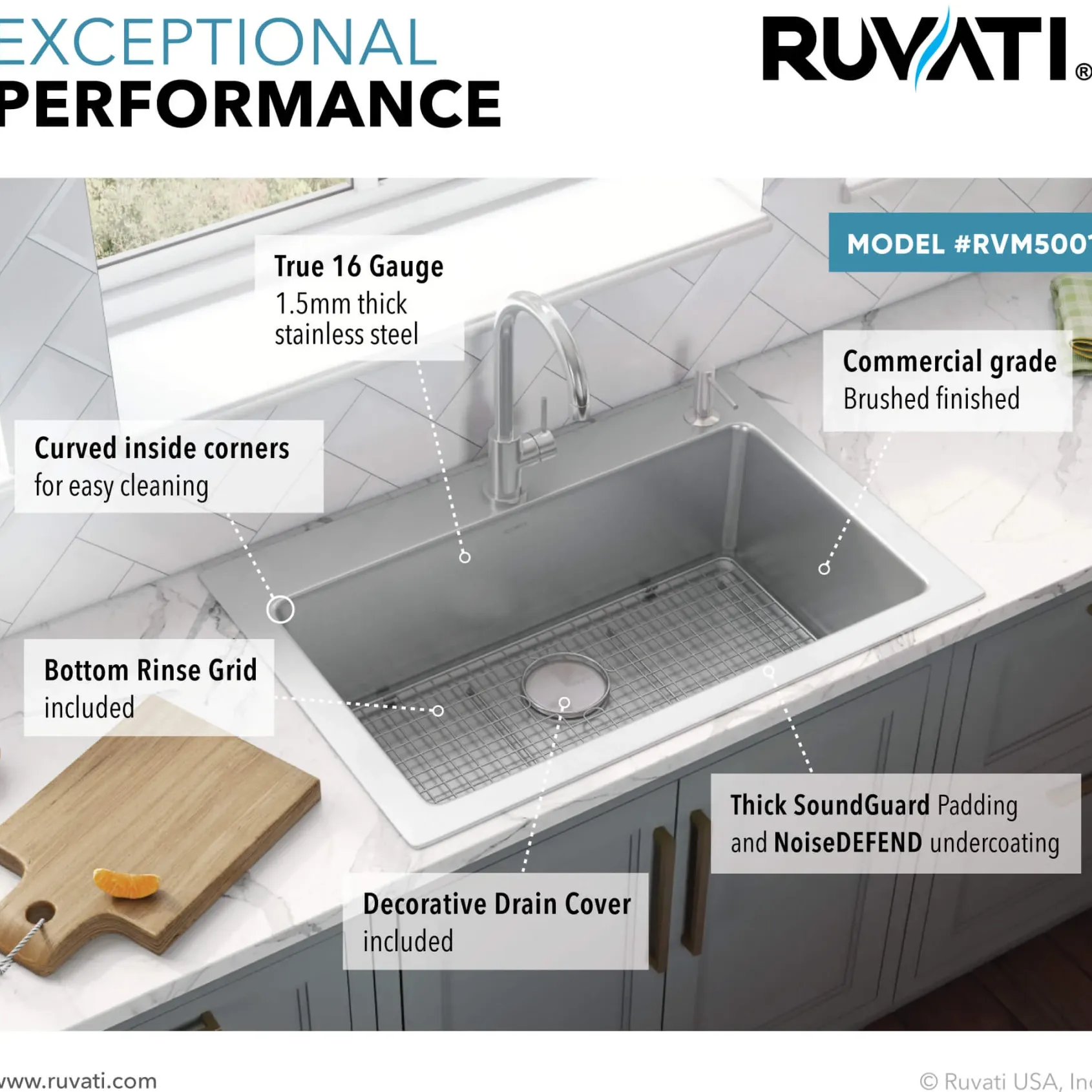 Ruvati Modena 33" Drop-in Topmount Stainless Steel Kitchen Sink, 16 Gauge, RVM5001