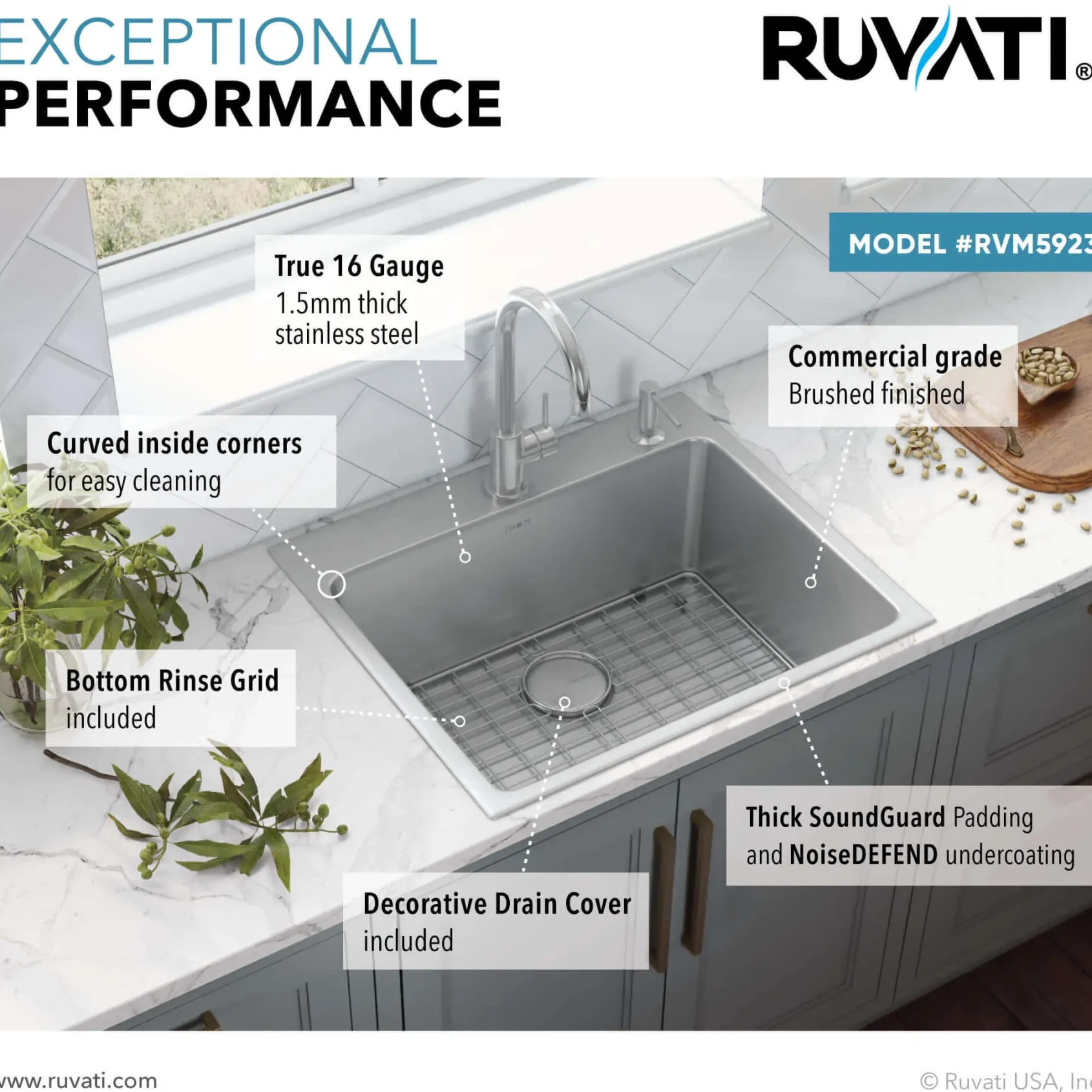 Ruvati Modena 23" Drop-in Topmount Stainless Steel Kitchen Sink, 16 Gauge, RVM5923