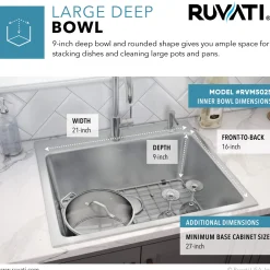 Ruvati Modena 25" Drop-in Topmount Stainless Steel Kitchen Sink, 16 Gauge, RVM5025