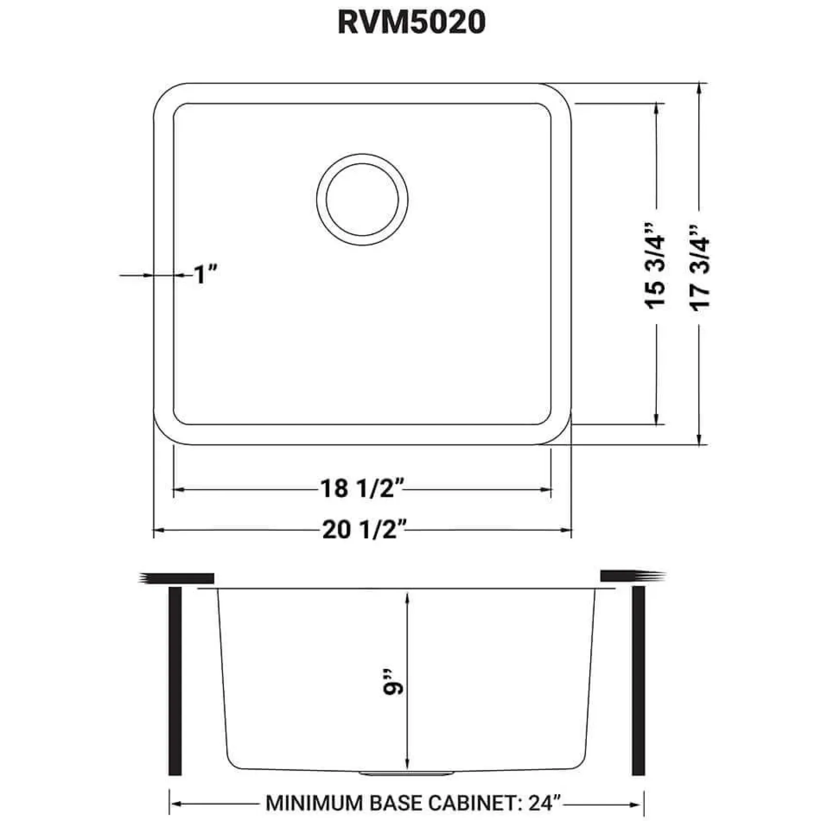 Ruvati Modena 20" Undermount Rectangle Stainless Steel Bar/Prep Sink, 16 Gauge, RVM5020