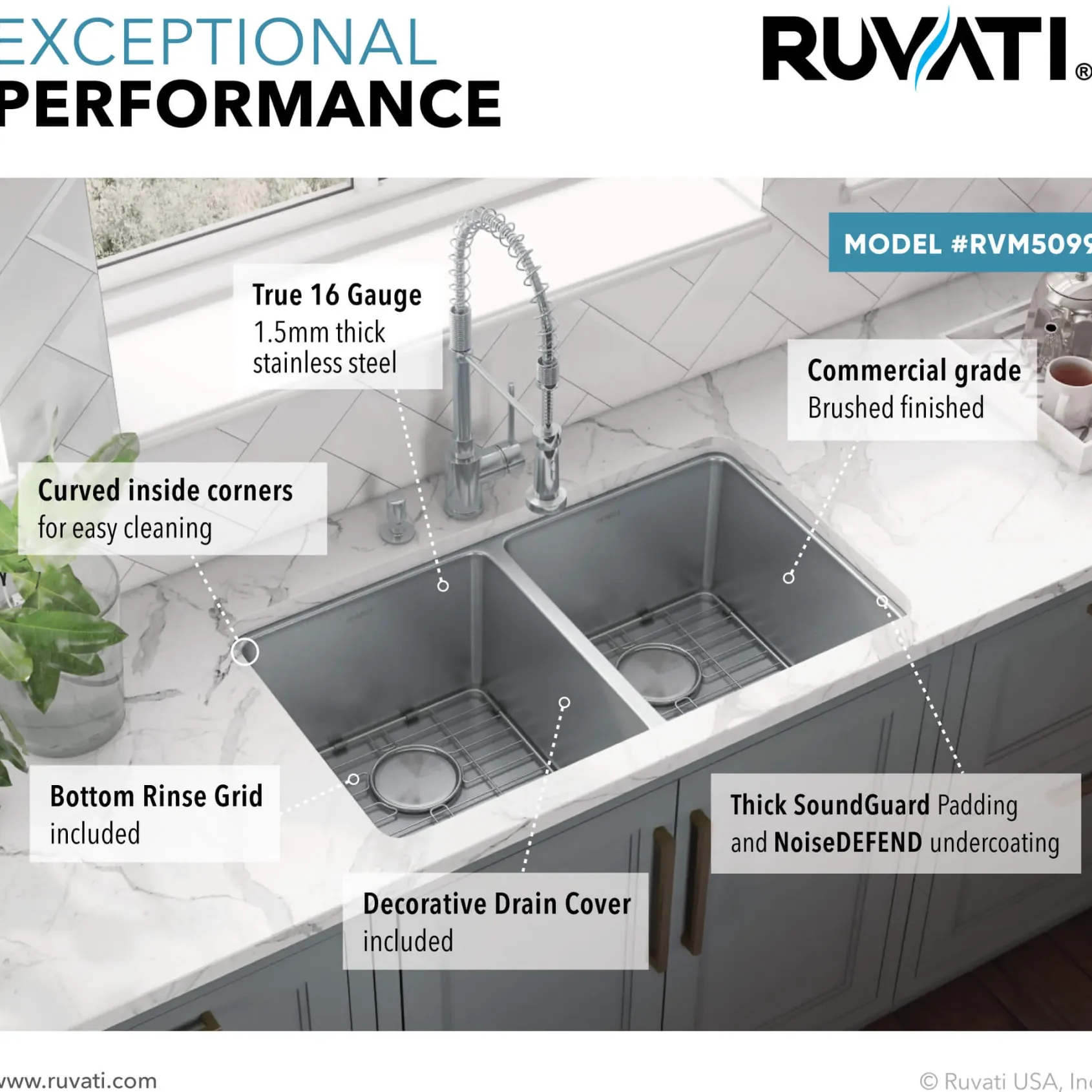 Ruvati Modena 31" Undermount Stainless Steel Kitchen Sink, 50/50 Double Bowl, 16 Gauge, RVM5099