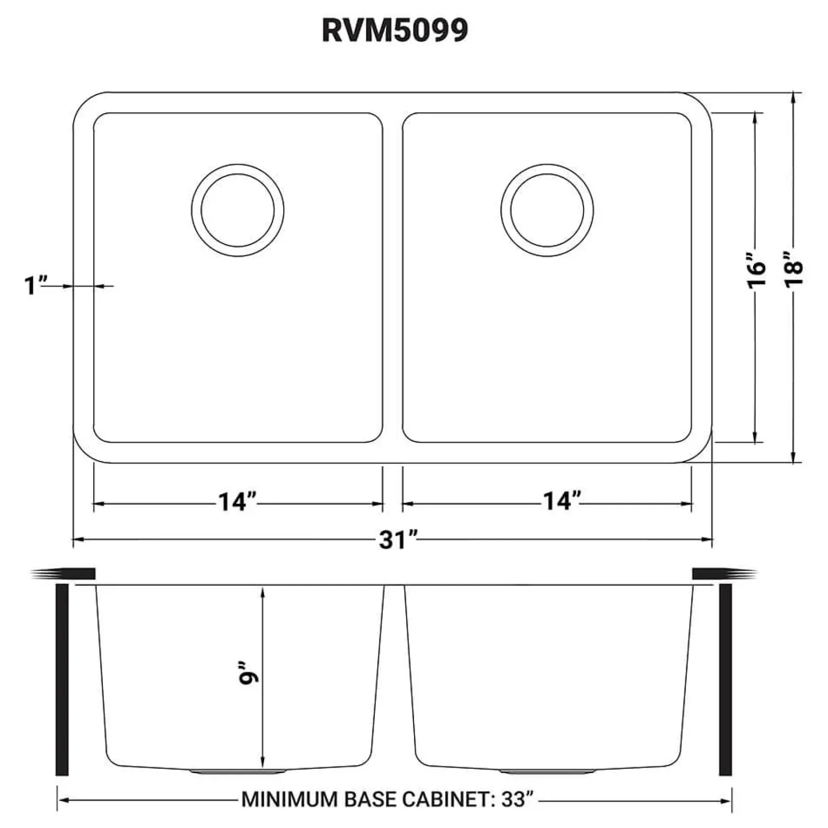 Ruvati Modena 31" Undermount Stainless Steel Kitchen Sink, 50/50 Double Bowl, 16 Gauge, RVM5099
