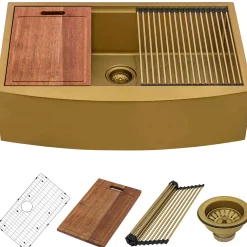 Ruvati Monaco 30" Stainless Steel Workstation Apron-front Farmhouse Sink, Matte Gold Brass Tone, 16 Gauge, RVH9106GG