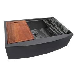 Ruvati Monaco 36" Stainless Steel Workstation Apron-front Farmhouse Sink, Gunmetal Matte Black, 16 Gauge, RVH9308BL