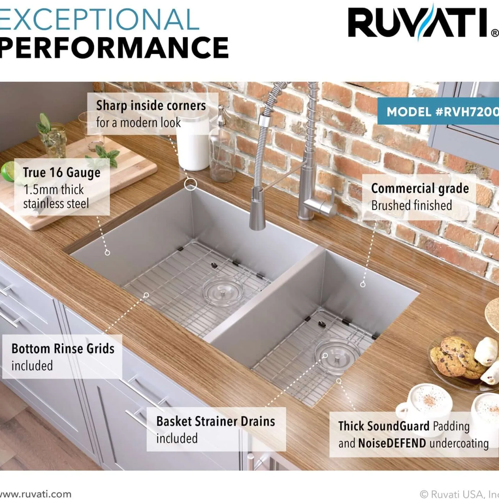 Ruvati Nesta 29" Undermount Stainless Steel Kitchen Sink, 60/40 Double Bowl, 16 Gauge, Zero Radius, RVH7200