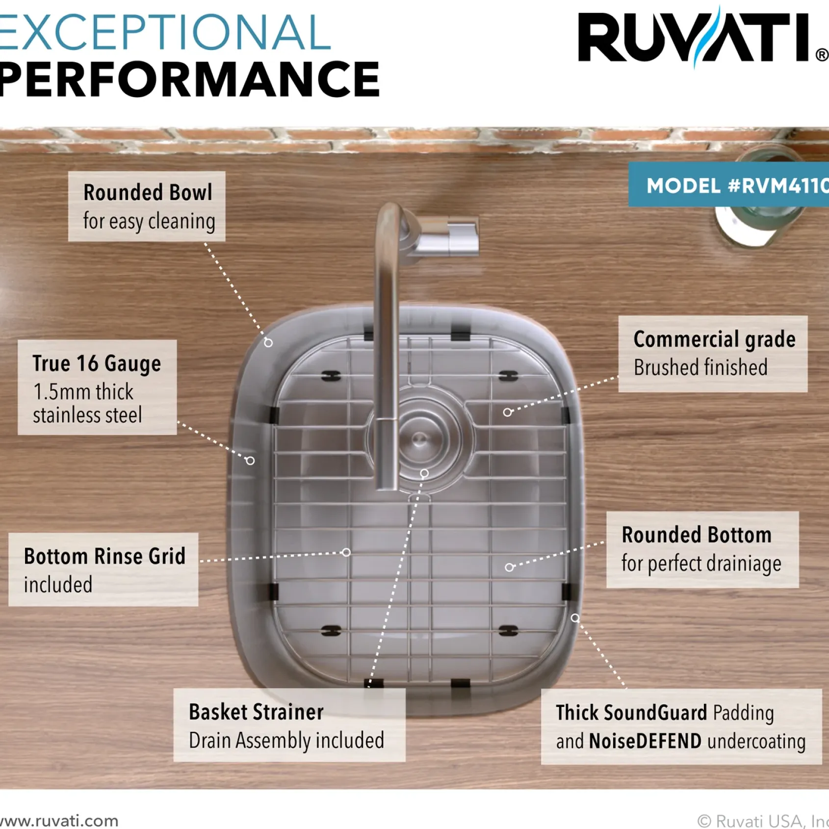 Ruvati Parmi 16" Undermount Rectangle Stainless Steel Bar/Prep Sink, 16 Gauge, RVM4110