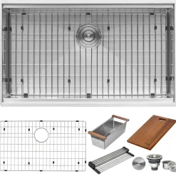 Ruvati Roma Pro 33-inch Workstation Ledge Rounded Corners Undermount 16 Gauge Kitchen Sink Single Bowl, Stainless Steel, 16, RVH8303