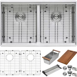 Ruvati Roma Pro 33" Undermount Stainless Steel Workstation Kitchen Sink, 50/50 Double Bowl, 16 Gauge, Rounded Corners, RVH8351